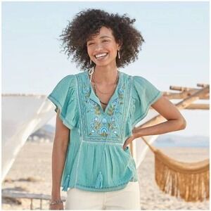 Sundance Charming Days Floral Embroidered Beaded Gauze Tassel Tie Top XL